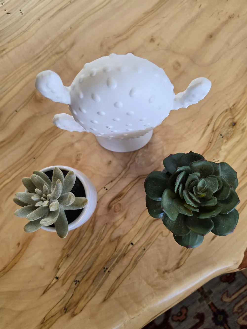 White Ceramic Cactus Decor with Two Faux Succulent Pots EUC